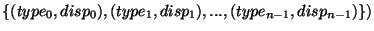 $\{(type_0,disp_0),(type_1,disp_1),...,(type_{n-1},disp_{n-1})\})$